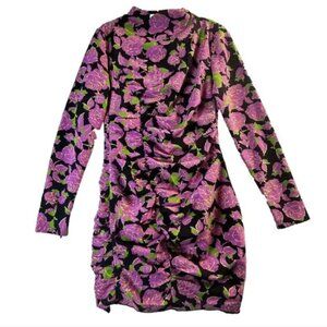 Zara Purple Pink Green Floral Long Sleeve Ruched lined high collar XL mini Dress